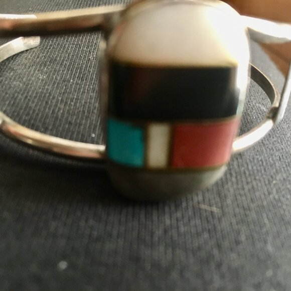 Native American Indian Inlay Silver Bracelet: Quartz, Obsidian, Turquoise, Coral - Picture 8 of 8